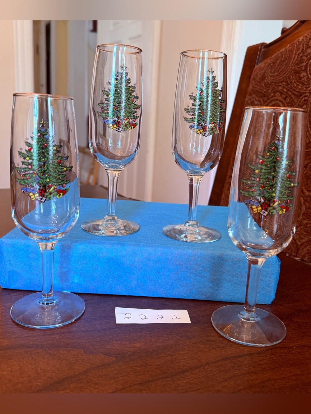 Set of 4 Cuthbertson Christmas Tree 7.25”H Glassware Champagne Flute Gold Rim #2